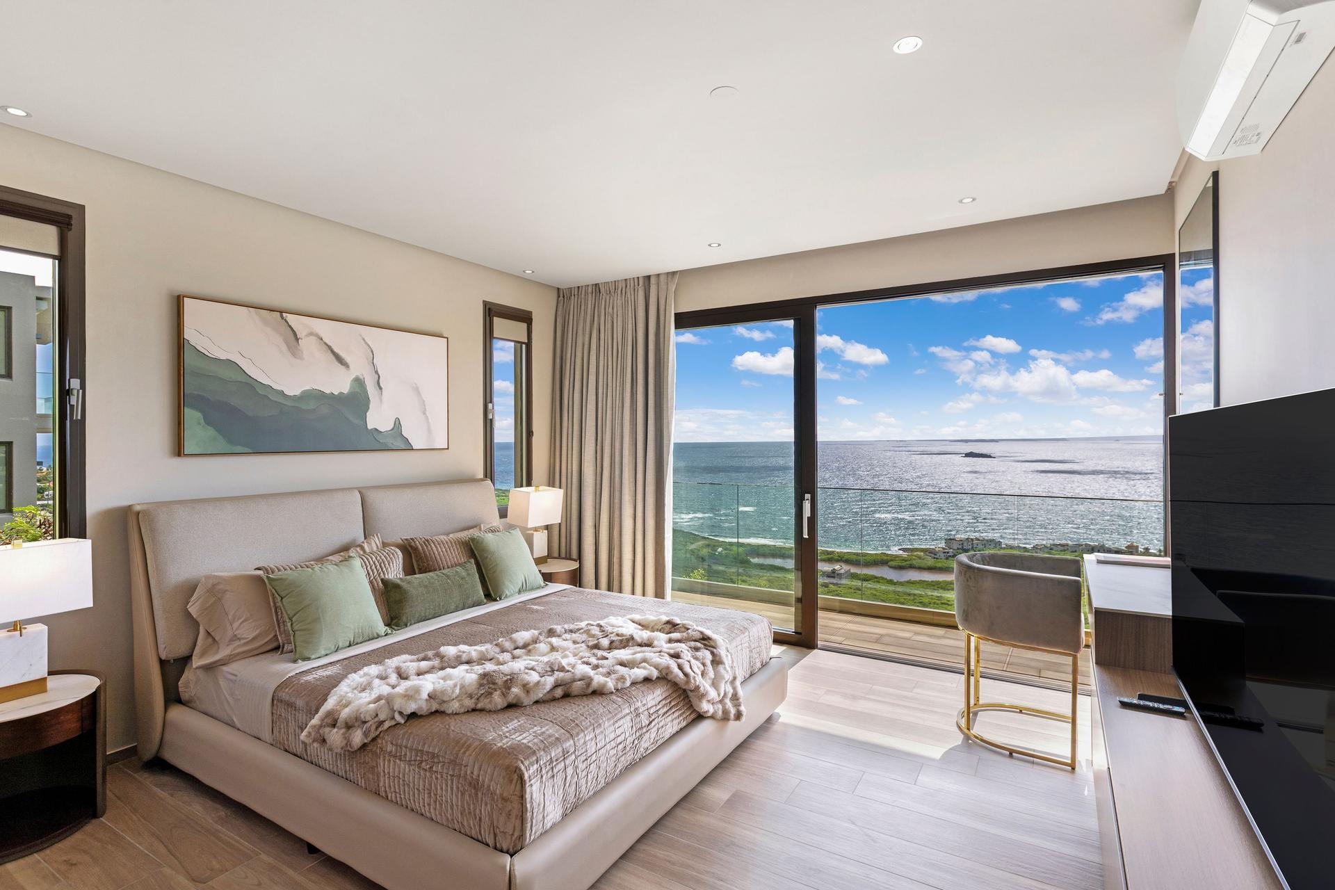 Panoramic Ocean-View Contemporary Apartment with Calacatta Marble Waterfall Island & Glass-Walled Terrace